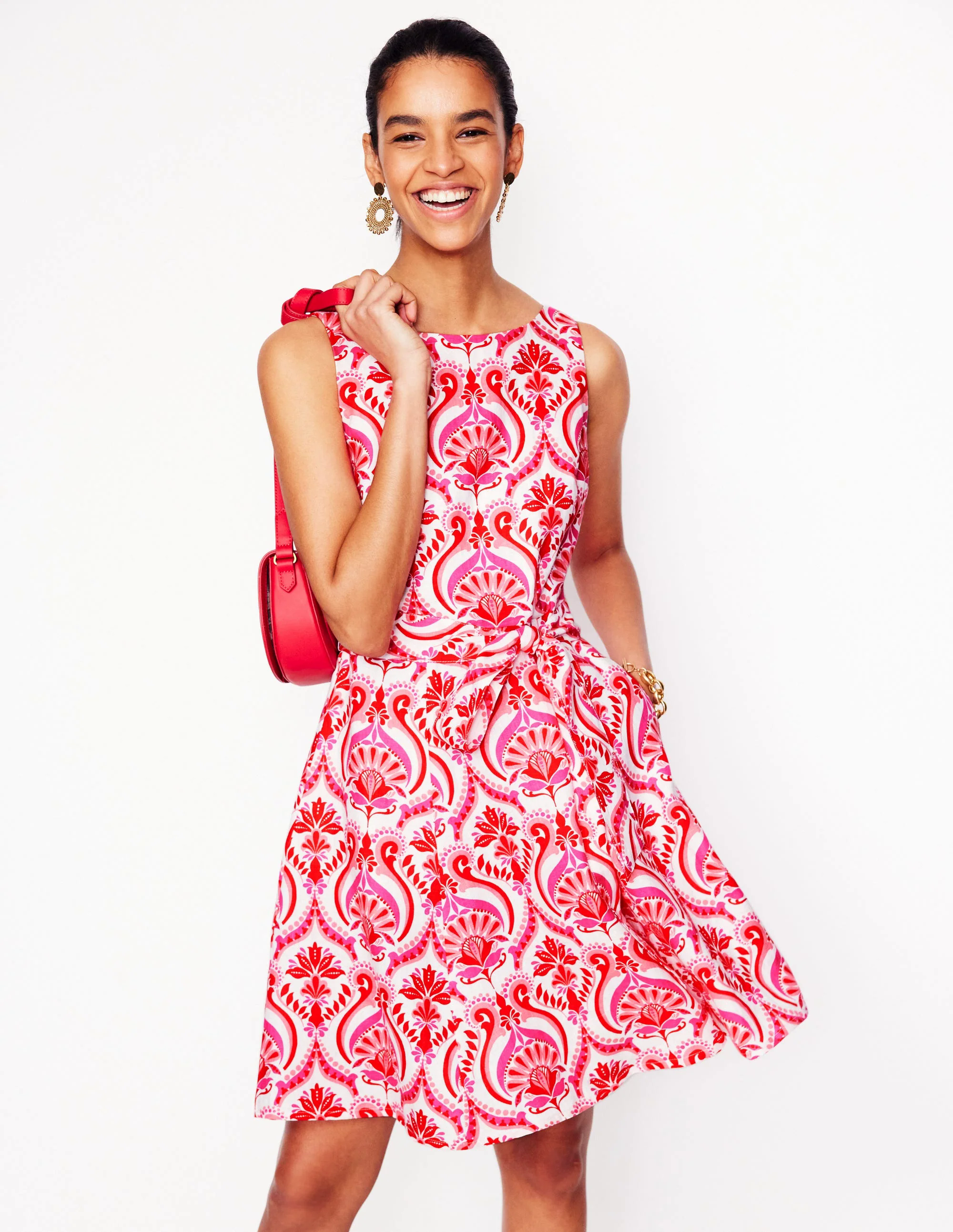 Anya Sleeveless Linen Dress-Poppy Red, Ornamental Floral