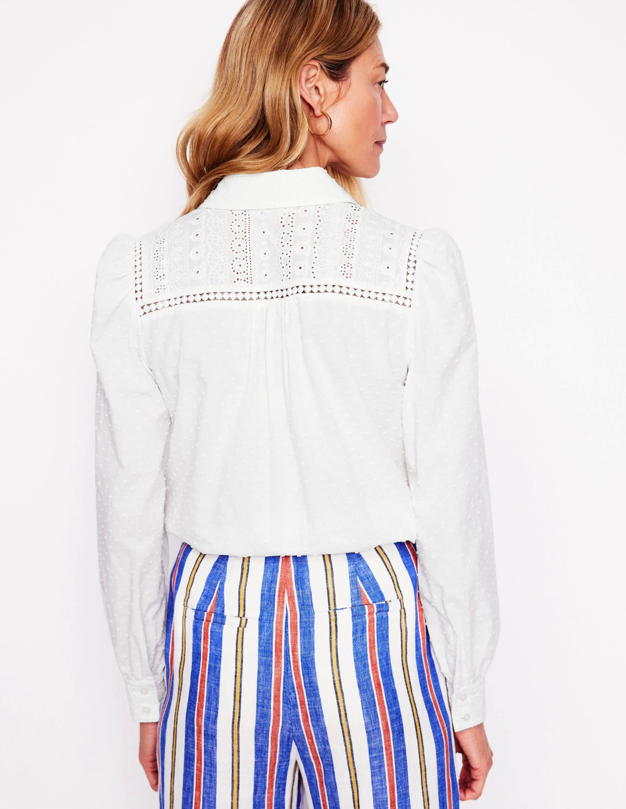 Broderie Contrast Yoke Shirt-White