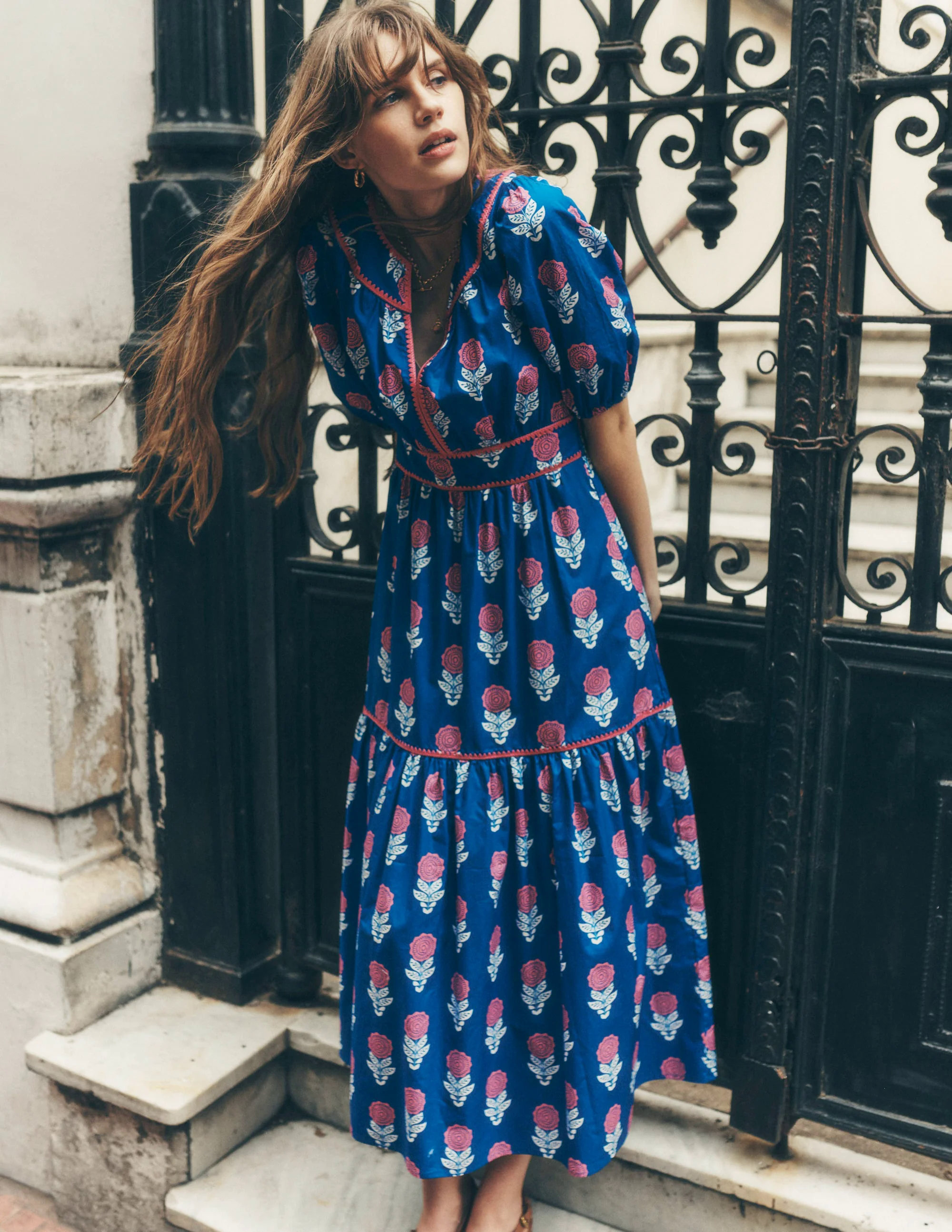 Rhea Embroidered Midi Dress-Gallery Blue, Dahlia Sprig