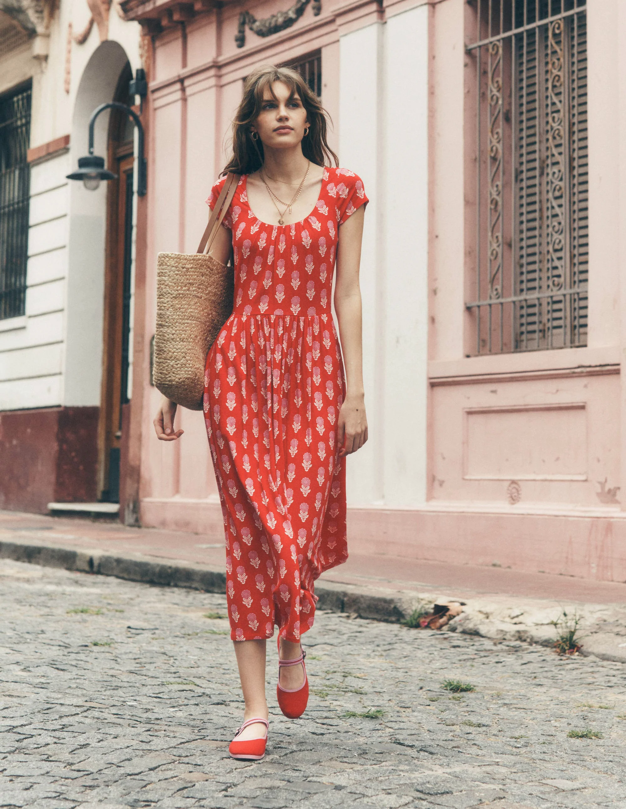 Samantha Scoop Jersey Dress-Poppy Red, Dahlia Sprig