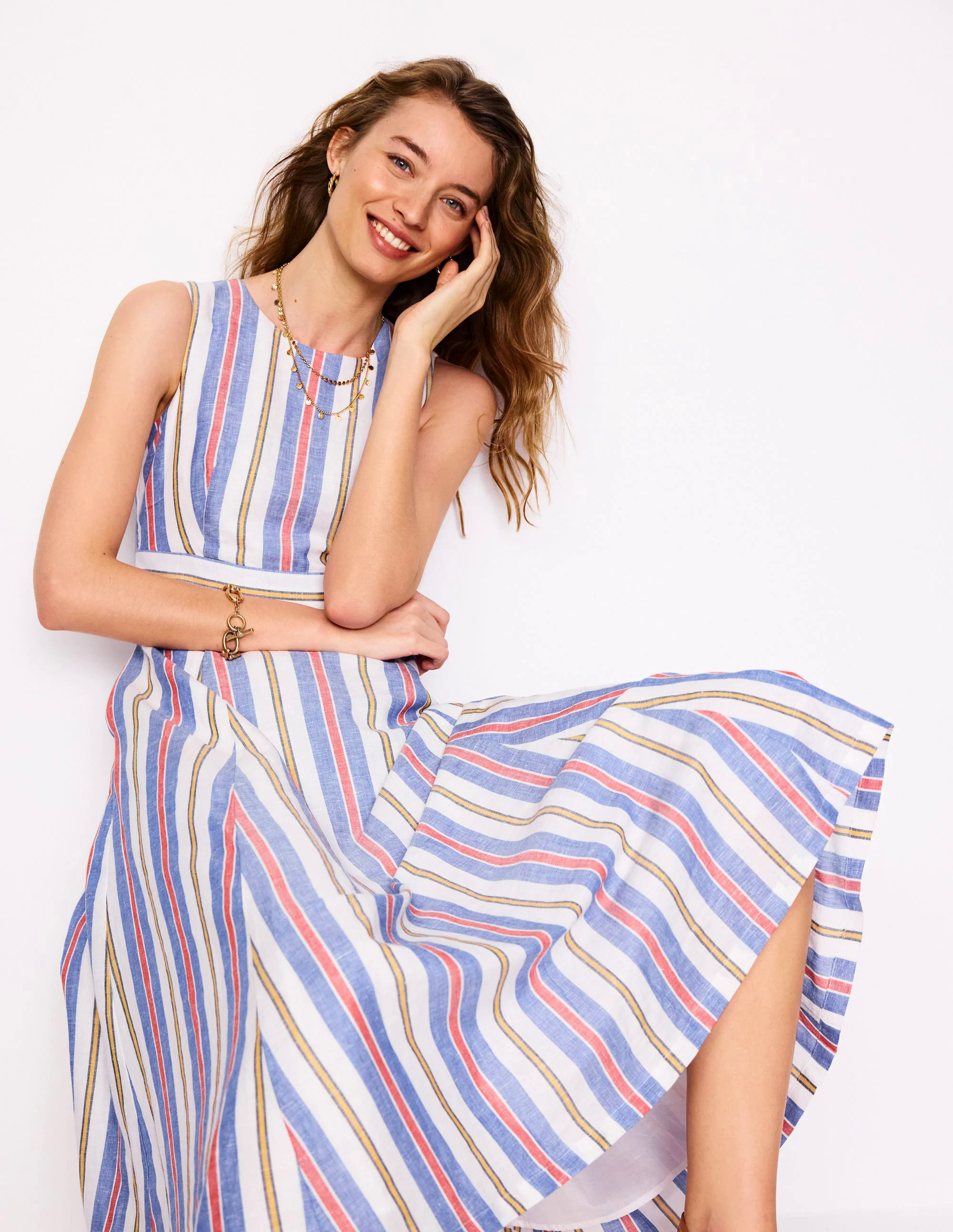 Sleeveless Linen Blend Dress-Bright Blue and Brown Stripe