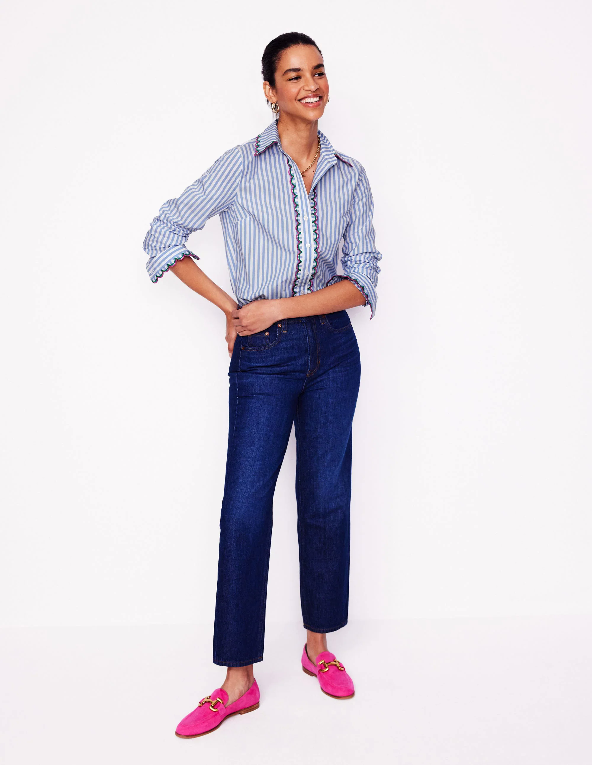 Sienna Interest Cotton Shirt-Multi, Blue and Ivory Stripe
