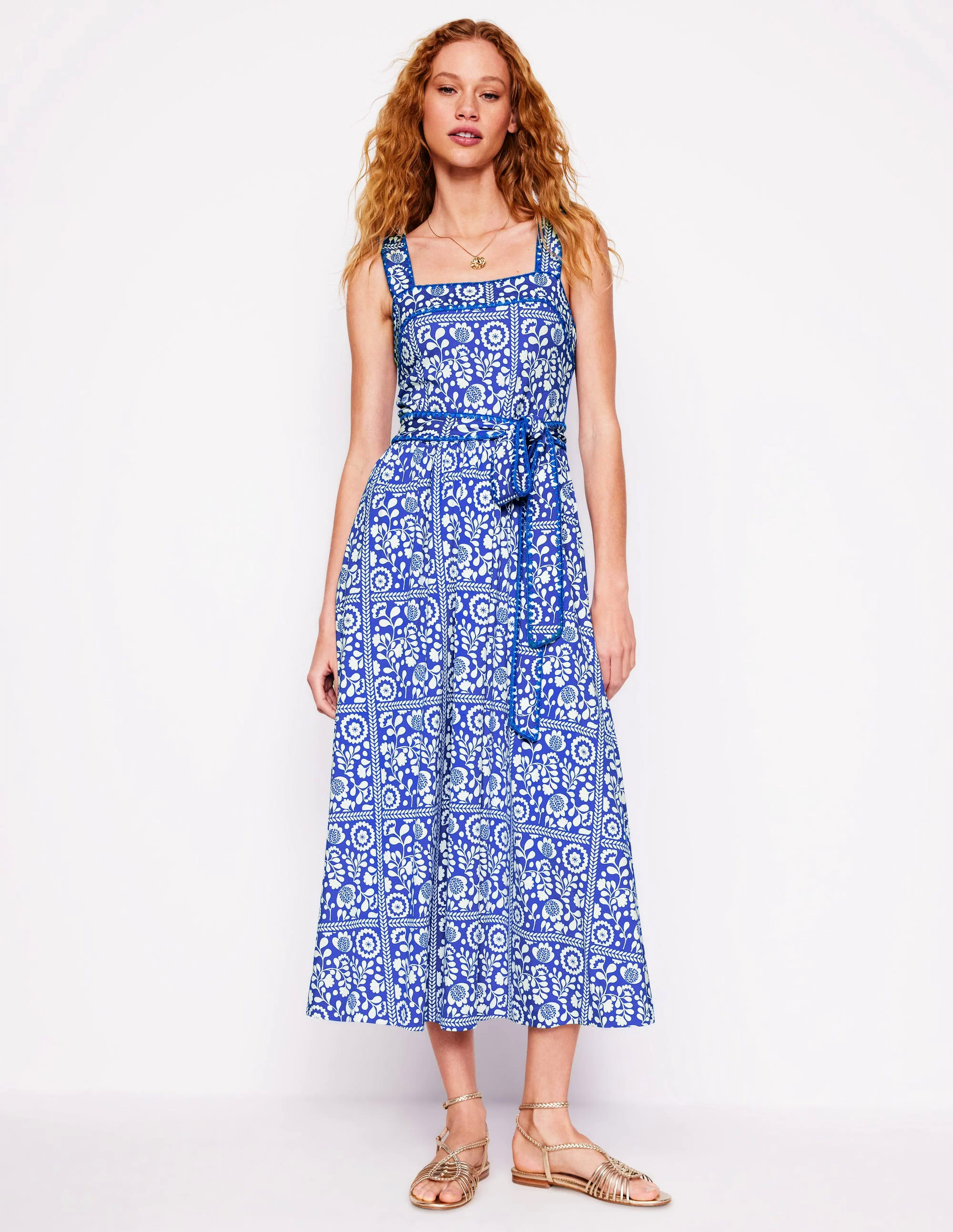 Square Neck Seam Midi Dress-Gallery Blue, Vine Tile