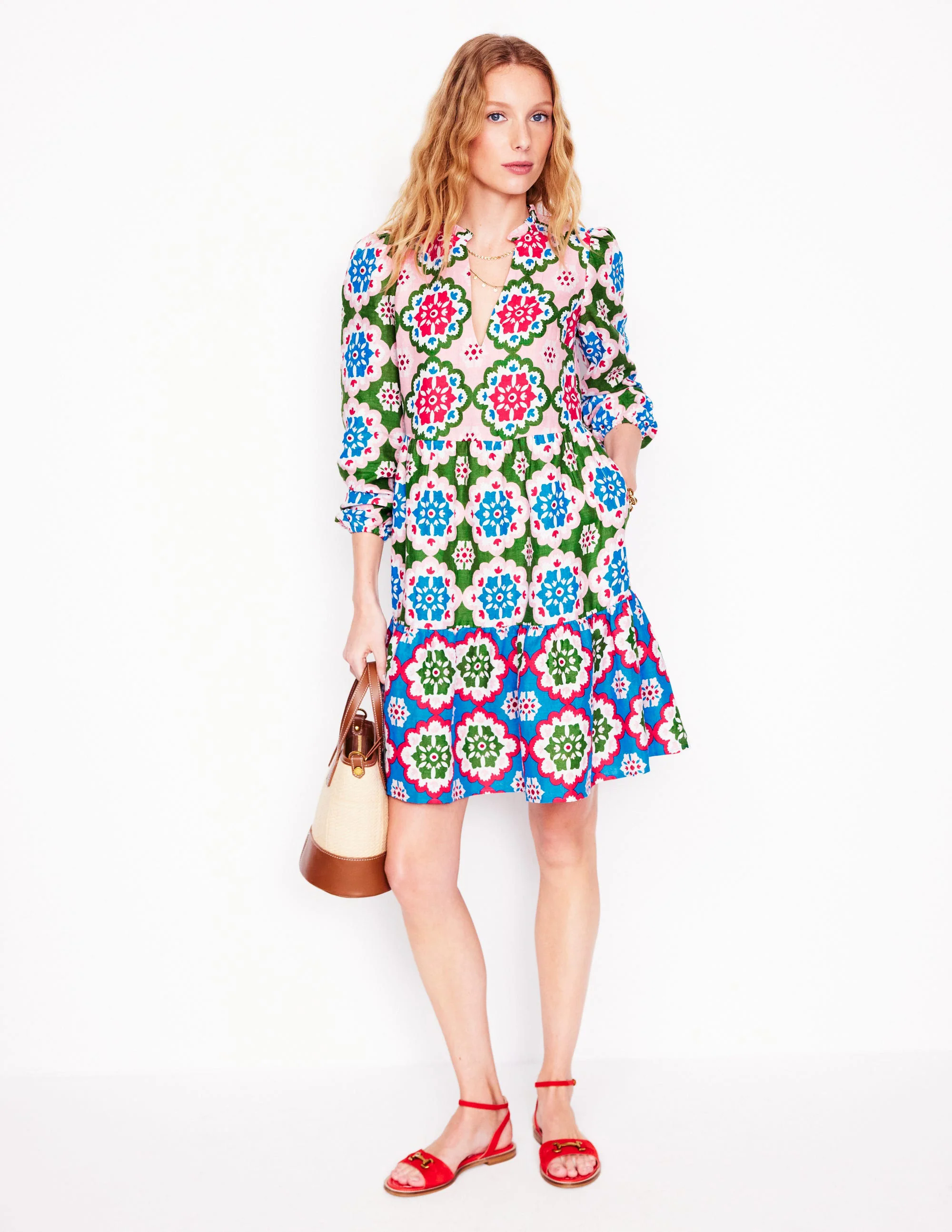 Esme Linen Short Dress-Multi, Bloom Geo