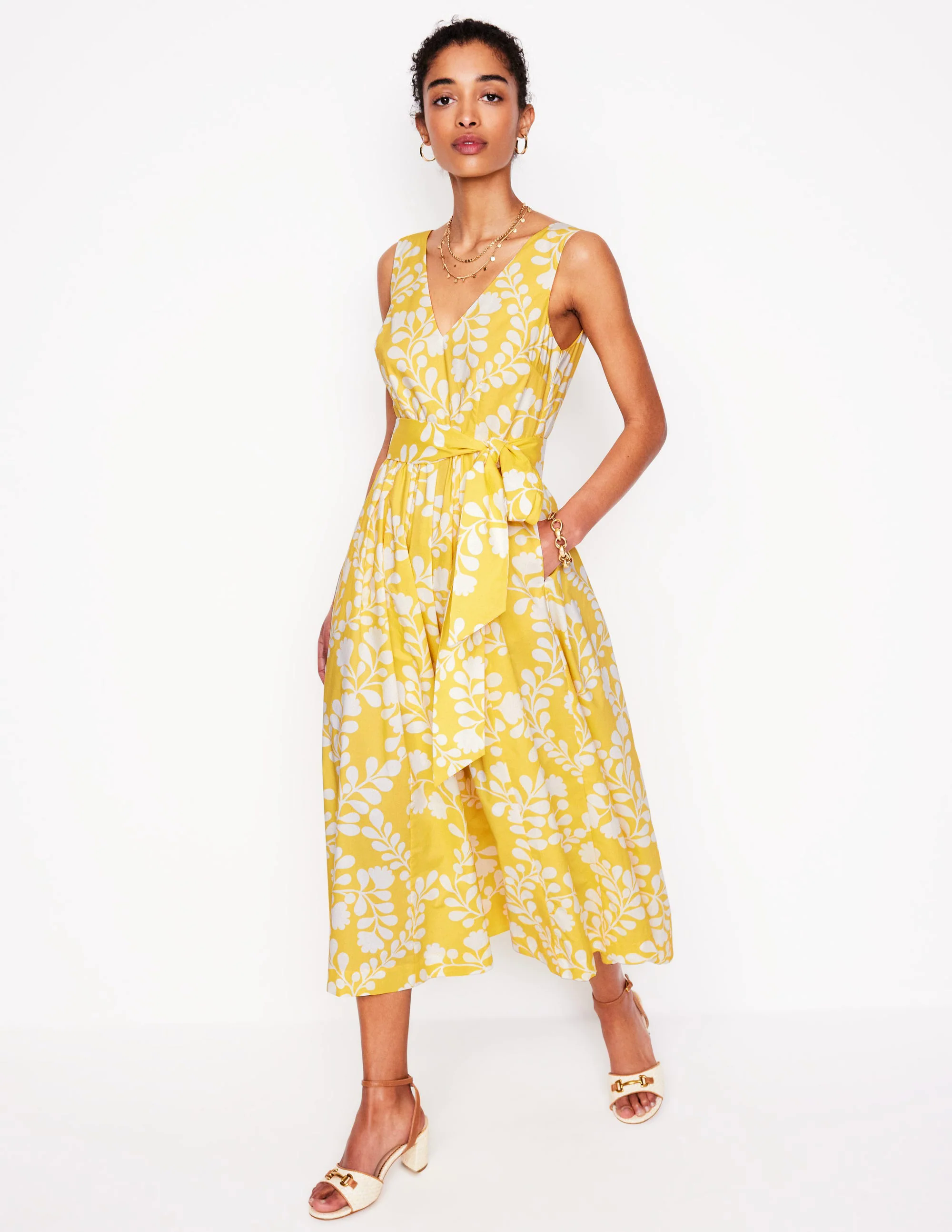 V-Neck Belted Flare Dress-Yellow, Vine Silhouette