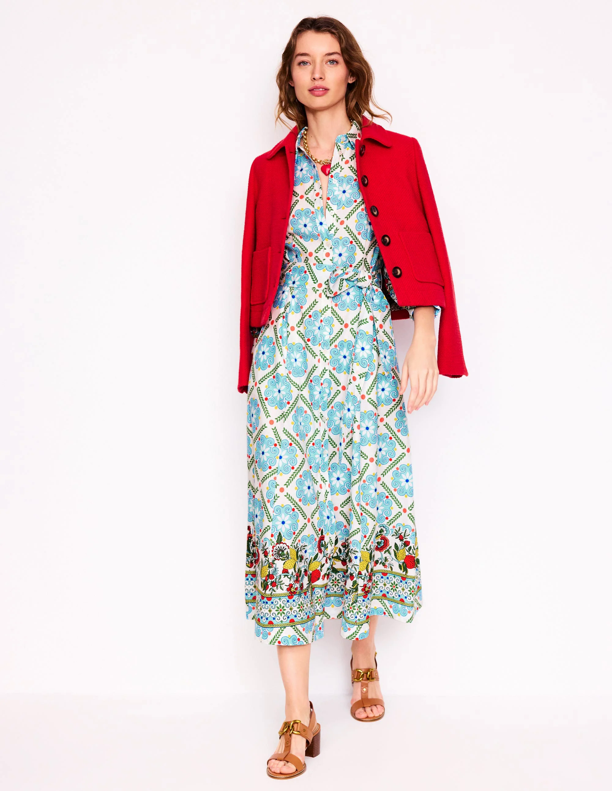 Clara Linen Blend Shirt Dress-Multi, Citrus Vine Tile