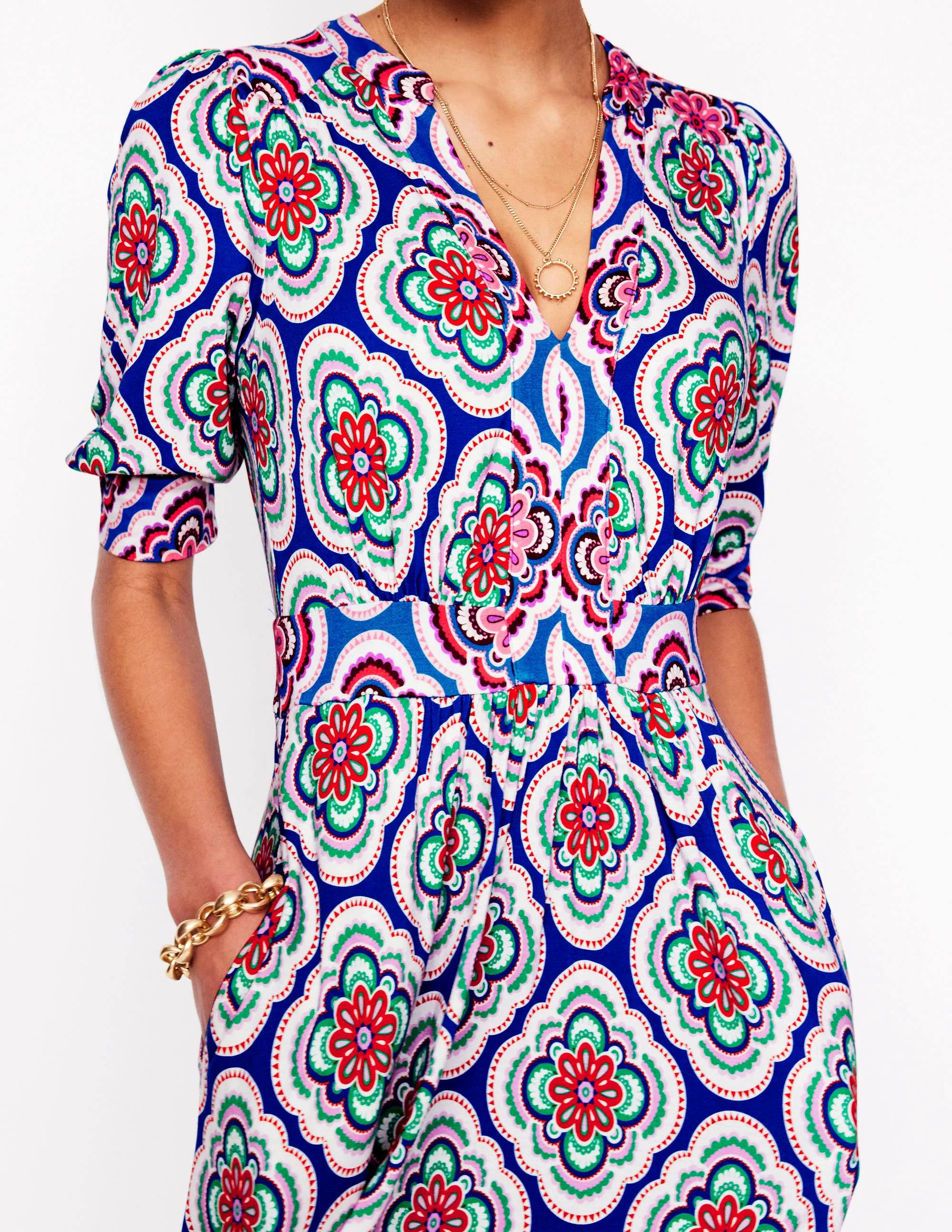 Lily Jersey Midi Tea Dress-Bright Blue, Botanic Blush