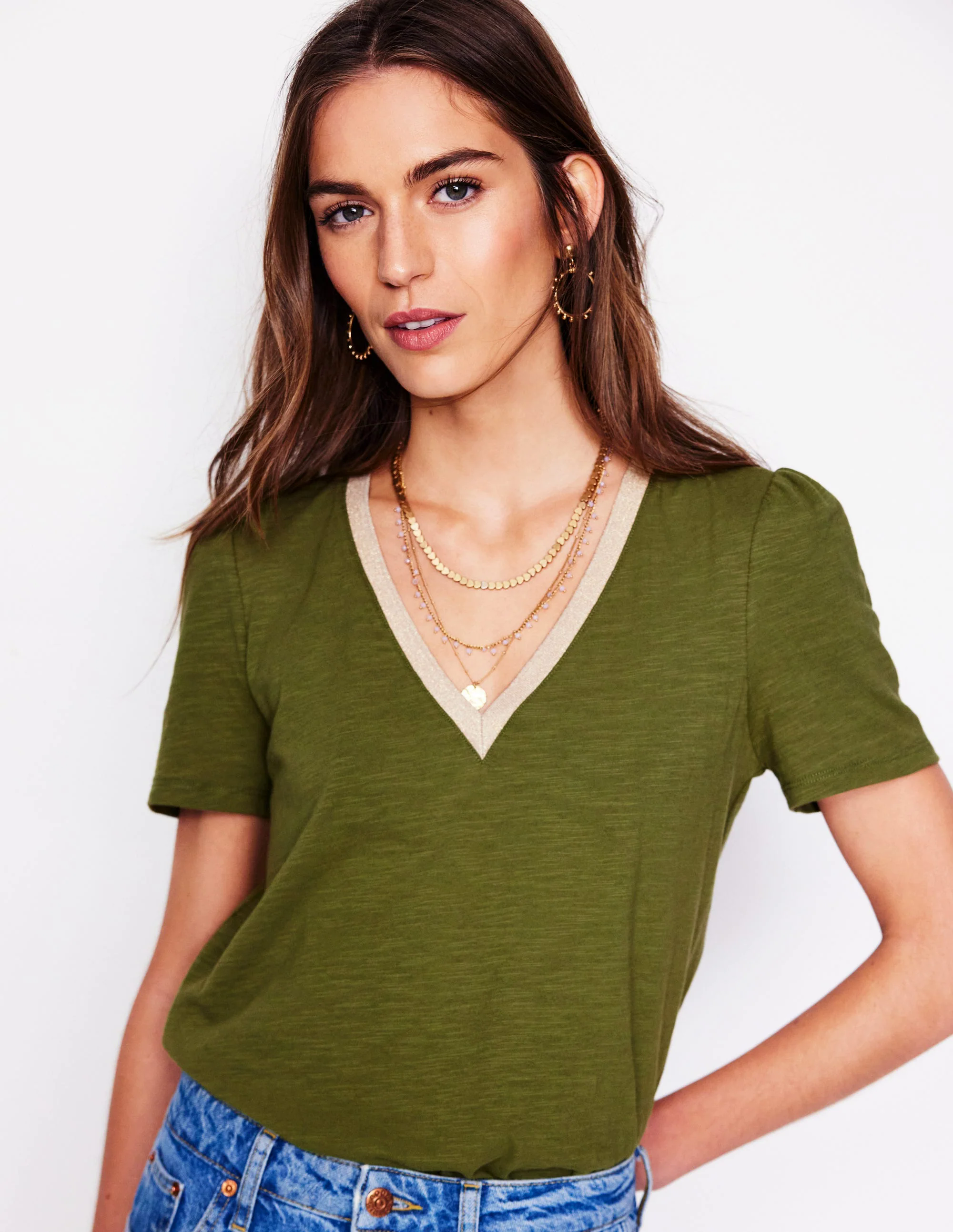 Metallic Trim V Neck T-shirt-Mayfly