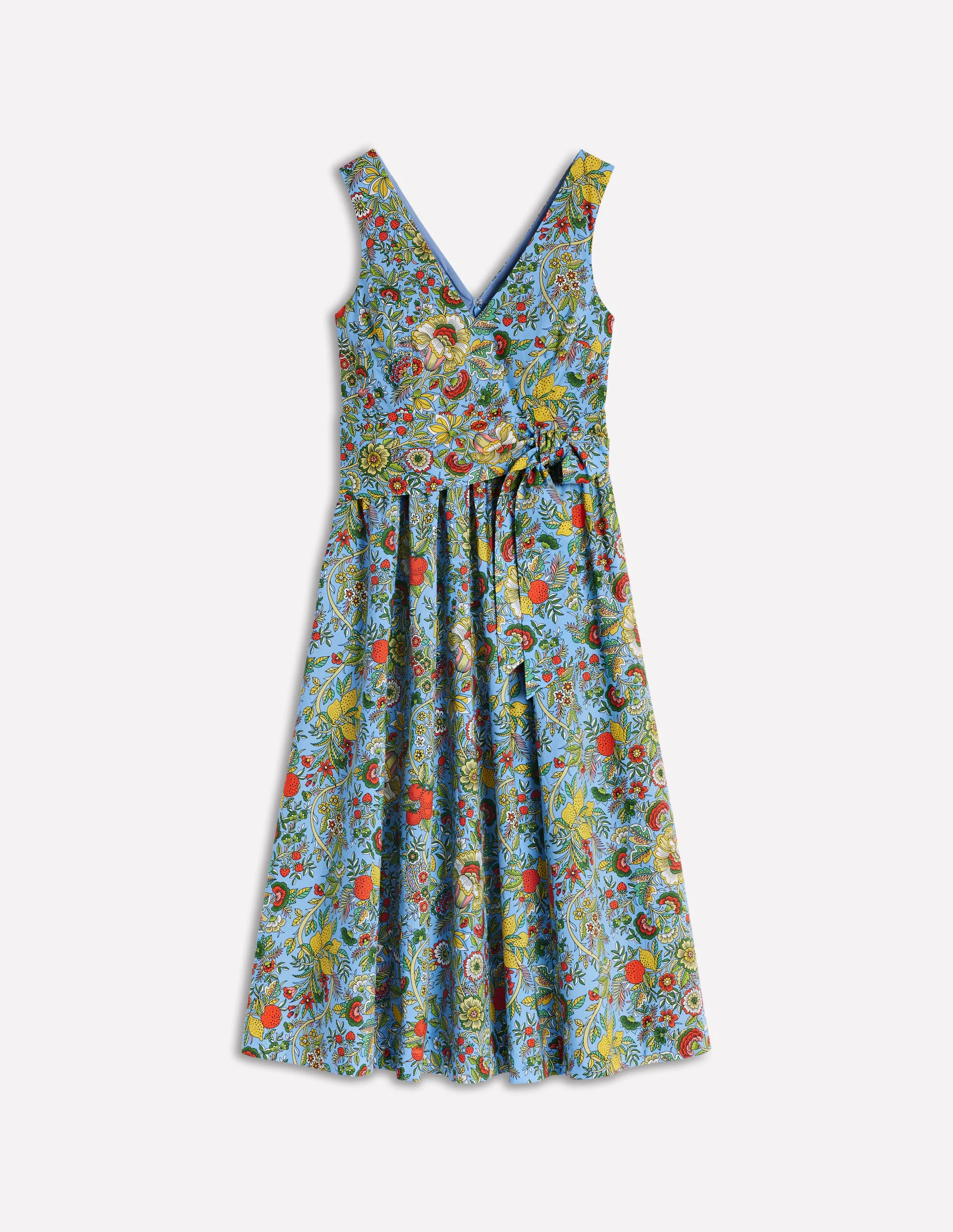 V-Neck Belted Flare Dress-Multi, Citrus Vine